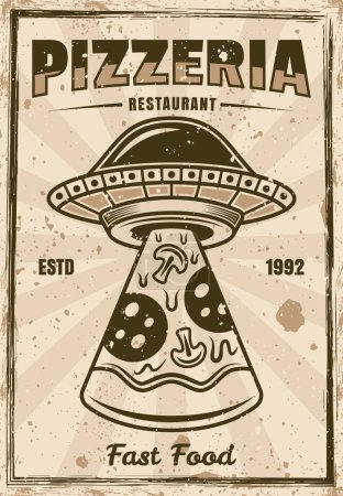 Téléchargez les photos : Pizzeria affiche vintage ufo voler illustration vectorielle tranche de pizza. Calque, texture et texte séparés - en image libre de droit