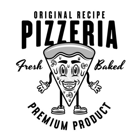 Téléchargez les illustrations : Emblème vectoriel pizzeria, logo, badge ou étiquette avec pièce de pizza personnage de dessin animé dans un style monochrome vintage isolé sur fond blanc - en licence libre de droit