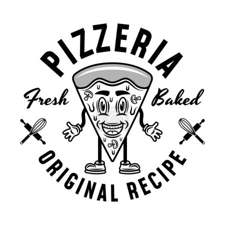 Téléchargez les illustrations : Pièce de pizza personnage de dessin animé emblème vectoriel, logo, insigne ou étiquette dans un style monochrome vintage isolé sur fond blanc - en licence libre de droit