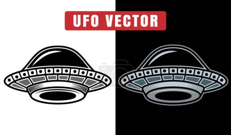 Téléchargez les illustrations : Ufo en deux styles noir sur blanc et coloré sur fond sombre illustration vectorielle - en licence libre de droit