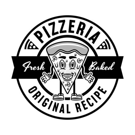 Ilustración de Pizzeria vector redondo emblema, logotipo, insignia o etiqueta con la pieza de pizza personaje de dibujos animados en estilo monocromo vintage aislado sobre fondo blanco - Imagen libre de derechos