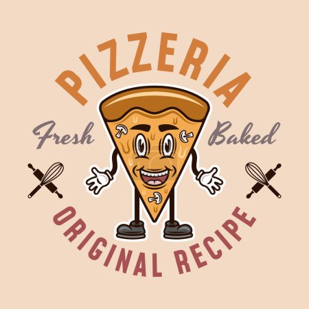 Téléchargez les illustrations : Emblème vectoriel pizzeria, logo, badge ou étiquette avec un personnage de dessin animé de pizza dans un style coloré sur fond clair - en licence libre de droit