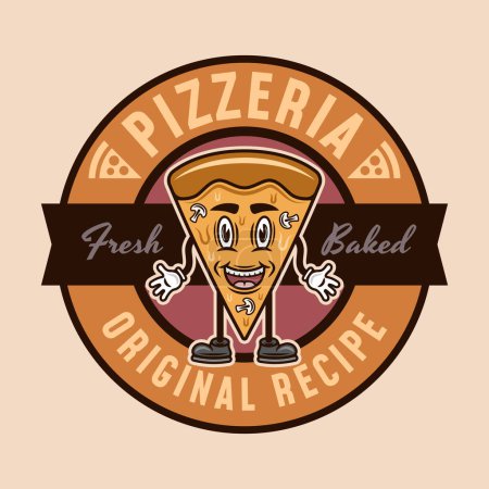 Illustration for Pizzeria vector round emblem, logo, badge or label with pizza piece cartoon character in colored style - Royalty Free Image