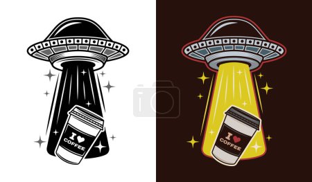 Illustration for Ufo stealing coffee paper cup vector illustration in two styles black on white and colorful on dark background - Royalty Free Image