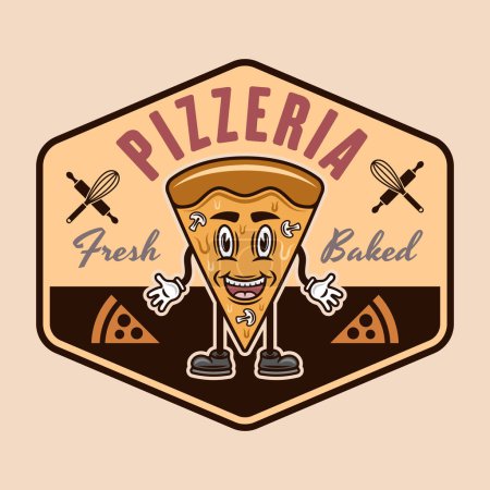 Téléchargez les illustrations : Emblème vectoriel pizzeria, logo, insigne ou étiquette avec pièce de pizza personnage de dessin animé dans un style coloré - en licence libre de droit