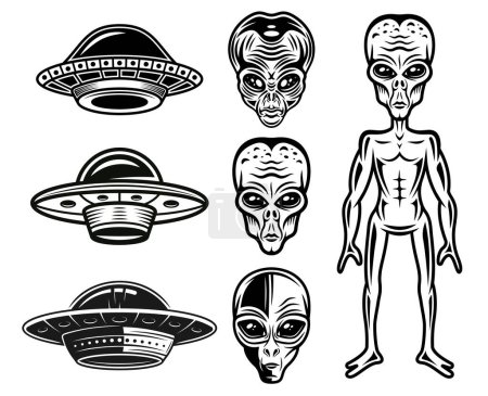 Illustration for Aliens and ufo set of vector objects or graphic elements in vintage monochrome style isolated on white - Royalty Free Image