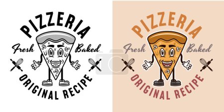 Téléchargez les illustrations : Emblème vectoriel pizzeria, logo, badge ou étiquette avec pièce de pizza personnage de dessin animé en deux styles noir sur blanc et coloré - en licence libre de droit