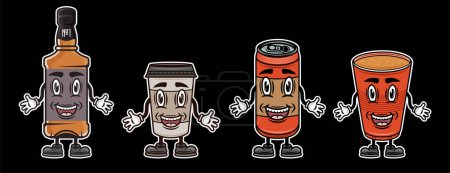 Illustration for Set of cartoon characters liquid containers. Whiskey bottle, coffee cup, beer can, plastic cup. Vector illustration in colored style on dark background - Royalty Free Image