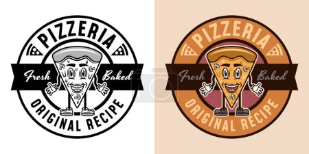 Téléchargez les illustrations : Pizzeria vecteur rond emblème, logo, insigne ou étiquette avec pièce de pizza personnage de dessin animé en deux styles noir sur blanc et coloré - en licence libre de droit