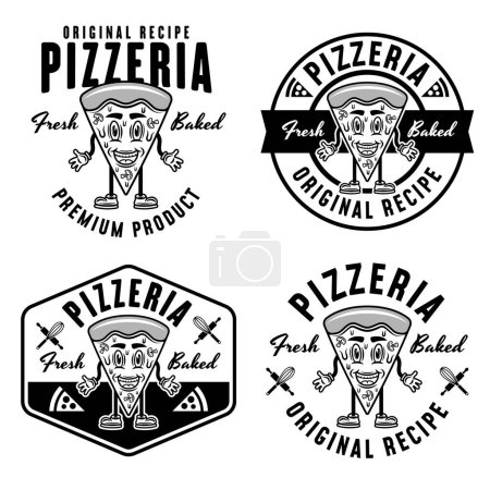Ilustración de Pizzería conjunto de emblemas vectoriales, logotipos, insignias o etiquetas con la pieza de pizza personaje de dibujos animados en estilo monocromo aislado en blanco - Imagen libre de derechos