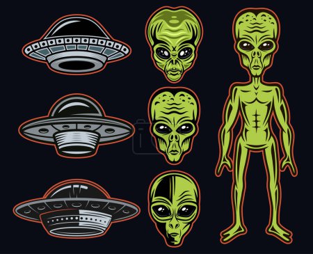 Illustration for Aliens and ufo set of vector objects or graphic elements in colored style on dark background - Royalty Free Image