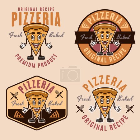 Illustration for Pizzeria set of vector emblems, logos, badges or labels with pizza piece cartoon character in colorful style on light background - Royalty Free Image