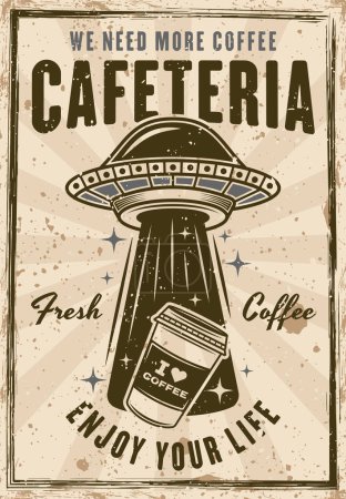 Téléchargez les illustrations : Ufo voler café tasse en papier vintage affiche vectorielle illustration. Calque, texture et texte séparés - en licence libre de droit