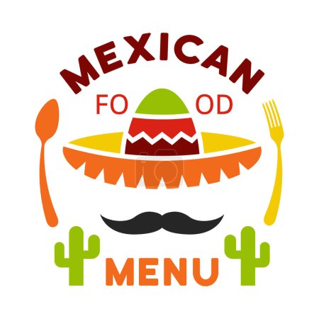 Téléchargez les illustrations : Étiquette alimentaire mexicaine, emblème, badge ou logo illustration vectorielle de couleur isolée sur fond - en licence libre de droit