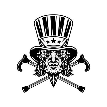 Illustration for Uncle Sam head vector, man in cylinder hat with goatee beard and two crossed canes. Illustration in black and white style isolated on white - Royalty Free Image