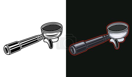 Illustration for Portafilter, espresso machine part set of two vector objects or elements black on white and and colored style on dark background - Royalty Free Image