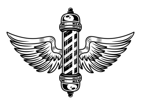 Illustration for Barber pole with wings tattoo style object in vintage monochrome style isolated on white vector illustration - Royalty Free Image