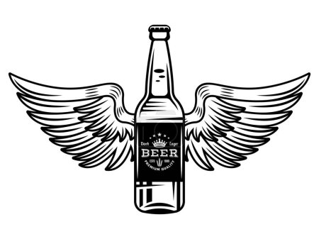 Illustration for Beer bottle with wings vector illustration in monochrome vintage style isolated on white - Royalty Free Image
