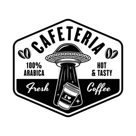Illustration for Cafeteria vector emblem, logo, badge or label with ufo stealing coffee paper cup in vintage monochrome style isolated on white background - Royalty Free Image