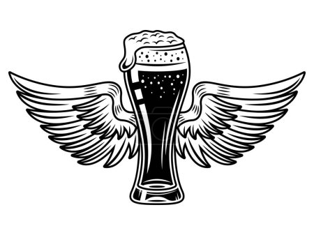 Téléchargez les illustrations : Verre à bière avec des ailes illustration vectorielle dans un style vintage monochrome isolé sur blanc - en licence libre de droit