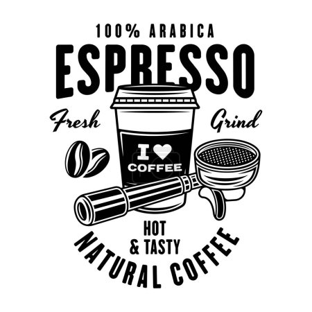 Illustration for Espresso coffee vector emblem, logo, badge or label with portafilter and coffee paper cup in vintage monochrome style isolated on white - Royalty Free Image