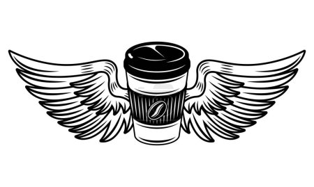 Illustration for Coffee paper cup with wings vector illustration in monochrome vintage style isolated on white - Royalty Free Image
