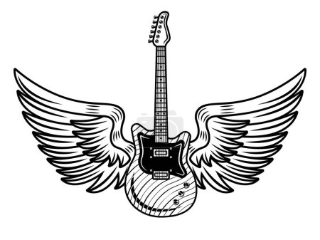 Téléchargez les illustrations : Guitare électrique avec ailes illustration vectorielle dans un style vintage monochrome isolé sur blanc - en licence libre de droit