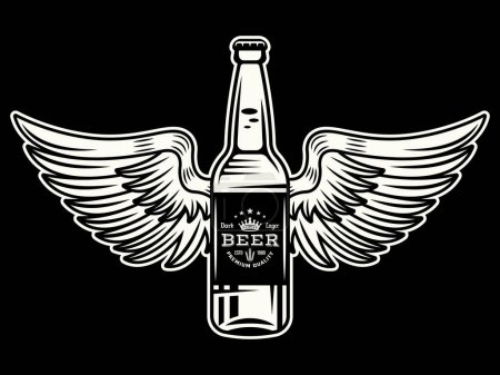 Téléchargez les illustrations : Bouteille de bière avec des ailes illustration vectorielle dans un style vintage sur fond sombre - en licence libre de droit