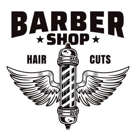 Ilustración de Barbería emblema monocromo, etiqueta, insignia o logotipo, poste de barbero con alas ilustración aislada en blanco - Imagen libre de derechos
