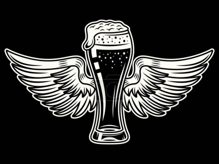 Téléchargez les illustrations : Verre à bière avec des ailes illustration vectorielle dans un style vintage sur fond sombre - en licence libre de droit