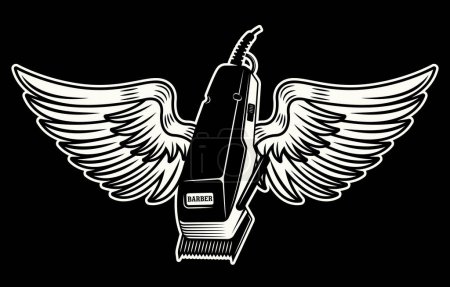 Téléchargez les illustrations : Tondeuse électrique avec des ailes illustration vectorielle dans un style vintage sur fond noir - en licence libre de droit