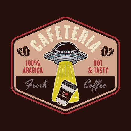 Ilustración de Cafetería emblema vectorial, logotipo, insignia o etiqueta con ufo robar taza de papel de café en estilo colorido sobre fondo oscuro - Imagen libre de derechos
