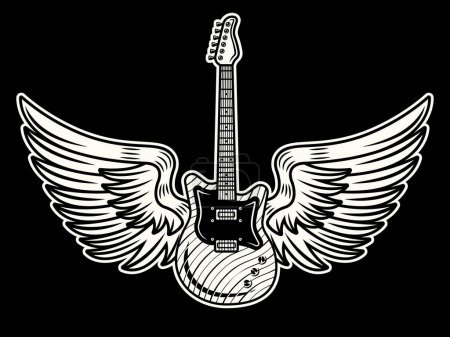 Téléchargez les illustrations : Guitare électrique avec des ailes illustration vectorielle dans le style tatouage sur fond sombre - en licence libre de droit