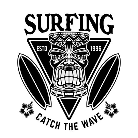 Illustration for Surfing vector emblem, badge, label, sticker or logo with tiki head and surfboards. Illustration in vintage monochrome style isolated on white - Royalty Free Image