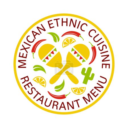 Ilustración de Etiqueta redonda de comida mexicana, emblema, insignia o logotipo vector ilustración de color aislado en el fondo - Imagen libre de derechos
