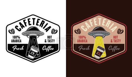 Ilustración de Cafetería emblema vectorial, logotipo, insignia o etiqueta con ufo robar taza de papel de café en dos estilos negro sobre blanco y de color - Imagen libre de derechos