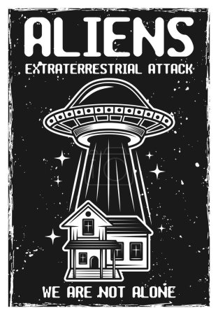 Illustration for Ufo and house silhouette vintage black and white poster vector illustration with textures and headline text on separate layer - Royalty Free Image