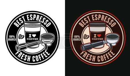 Ilustración de Espresso café vector redondo emblema, logotipo, insignia o etiqueta en dos estilos negro sobre blanco y colorido - Imagen libre de derechos