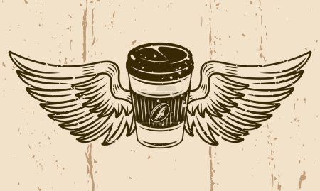 Illustration for Coffee paper cup with wings vector illustration in vintage style on background with grunge textures - Royalty Free Image