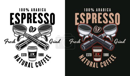 Espresso Kaffee Vektor Emblem, Logo, Abzeichen oder Etikett mit Portafiltern in zwei Stilen schwarz auf weiß und bunt