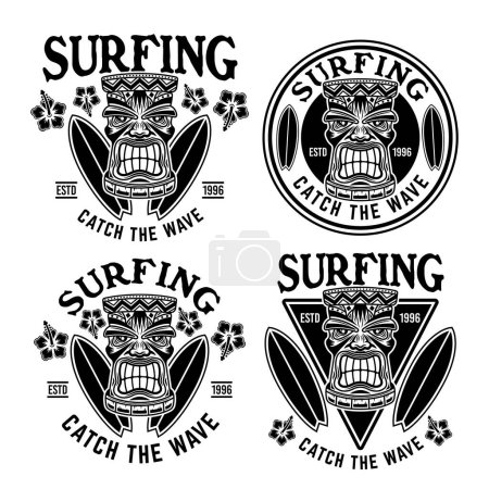 Ilustración de Surf conjunto de emblemas vectoriales, insignias, etiquetas, pegatinas o logotipos con cabeza tiki y tablas de surf. Ilustración en estilo monocromo vintage aislado en blanco - Imagen libre de derechos