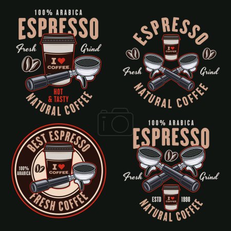 Illustration for Espresso coffee set of vector emblems, logos, badges or labels. Illustration in colorful style on dark background - Royalty Free Image