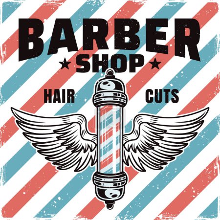 Illustration for Barbershop emblem, label, badge or logo, barber pole with wings illustration with removable grunge textures - Royalty Free Image