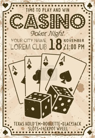 Illustration for Casino and poker invitation vintage poster. Vector illustration with sample text and textures on separate layers - Royalty Free Image