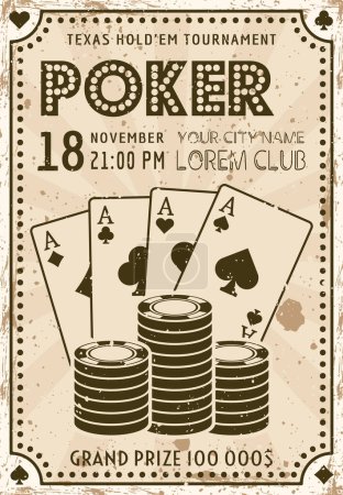 Téléchargez les illustrations : Poster vintage invitation tournoi de poker. Illustration vectorielle avec des exemples de texte et de textures sur des calques séparés - en licence libre de droit