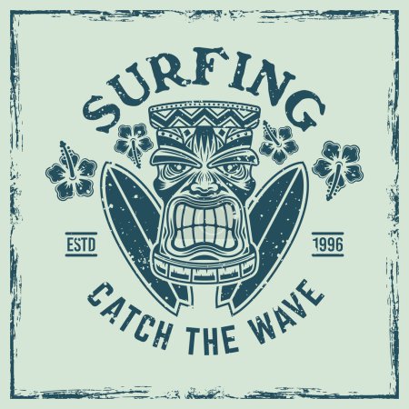 Illustration for Surfing vector emblem, badge, label, sticker or logo with tiki head and surfboards. Illustration in colored vintage style with removable textures - Royalty Free Image