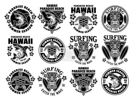 Ilustración de Surf y vacaciones de verano conjunto de emblemas vectoriales, etiquetas, insignias o estampados de camisetas en estilo monocromo vintage en blanco - Imagen libre de derechos