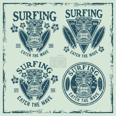 Illustration for Surfing set of vector emblems, badges, labels, stickers or logos with tiki head and surfboards. Illustration in colored vintage style with removable textures - Royalty Free Image