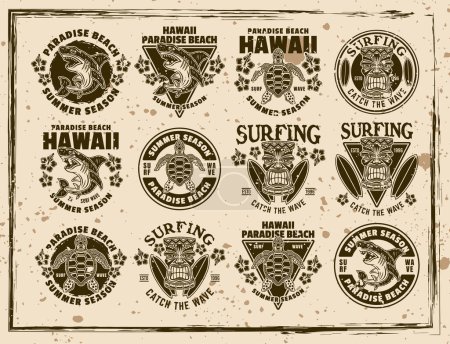 Illustration for Surfing and summer vacation set of vector emblems, labels, badges or t-shirt prints in vintage style on dirty background with stains and textures - Royalty Free Image