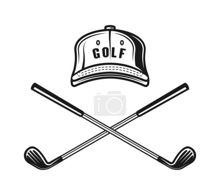 Illustration for Golf cap and two crossed golf clubs vector monochrome style illustration on graphic objects isolated on white - Royalty Free Image